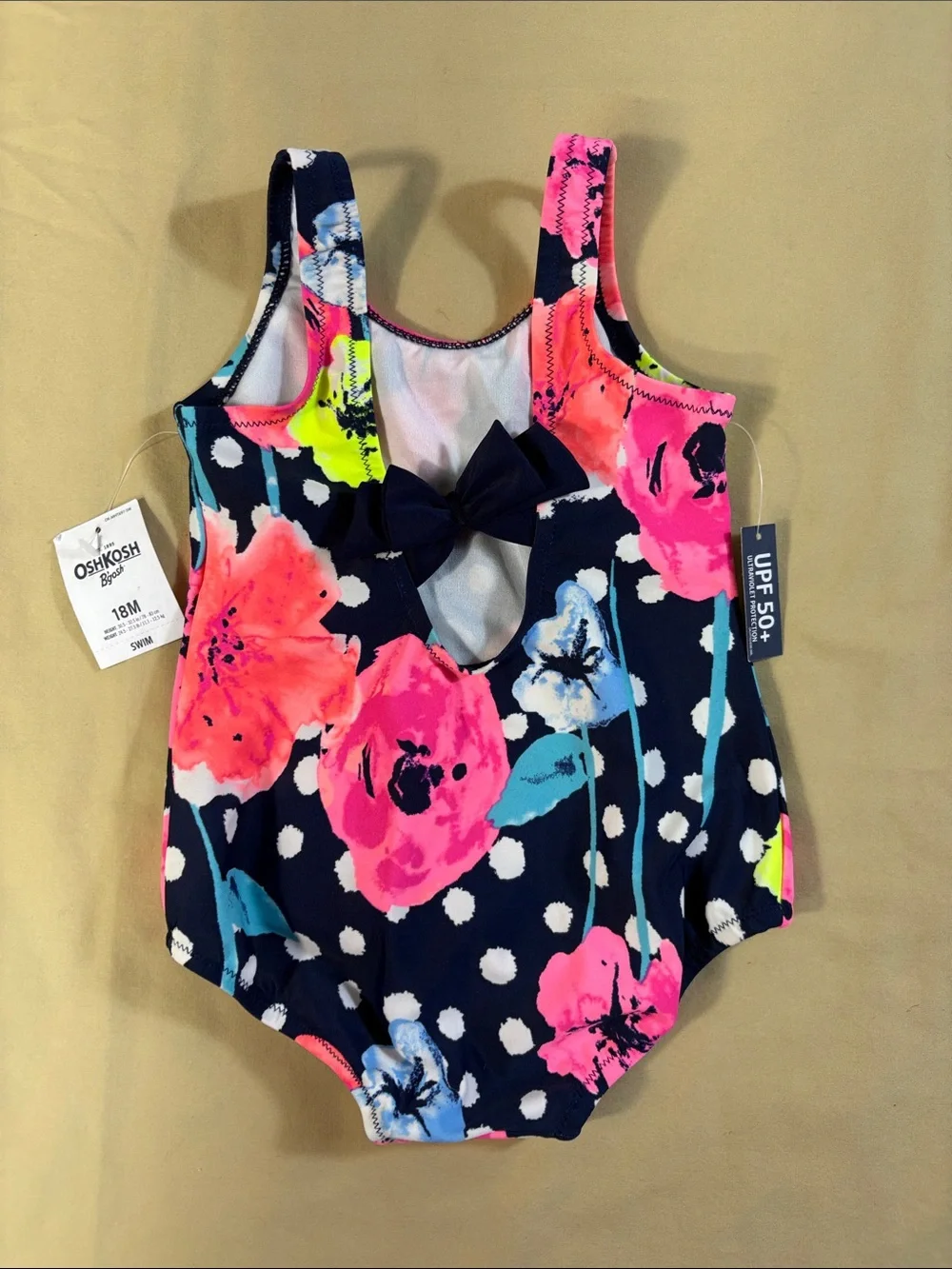 OshKosh‎ B'gosh NWT Navy Blue Polka Dot Neon Floral One Piece Swimsuit Girls 18M